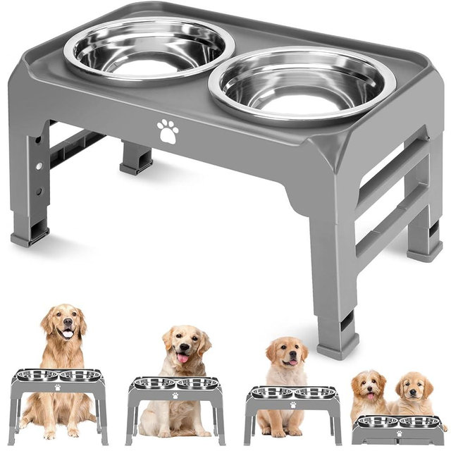 Elevated Dog Bowls Heights Adjustable Raised Dog Bowl Stand with 2 Stainless Steel Dog Food Bowls Non-Slip Foldable Dog Feeder for Medium Large Dogs, Adjust to 12.36", 10.75", 9.2",3.7", Grey