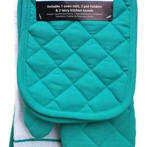 Teal Island Kitchen Towel Set 5 Piece- Pot Holders, Oven Mitt, and Terry Kitchen Towels