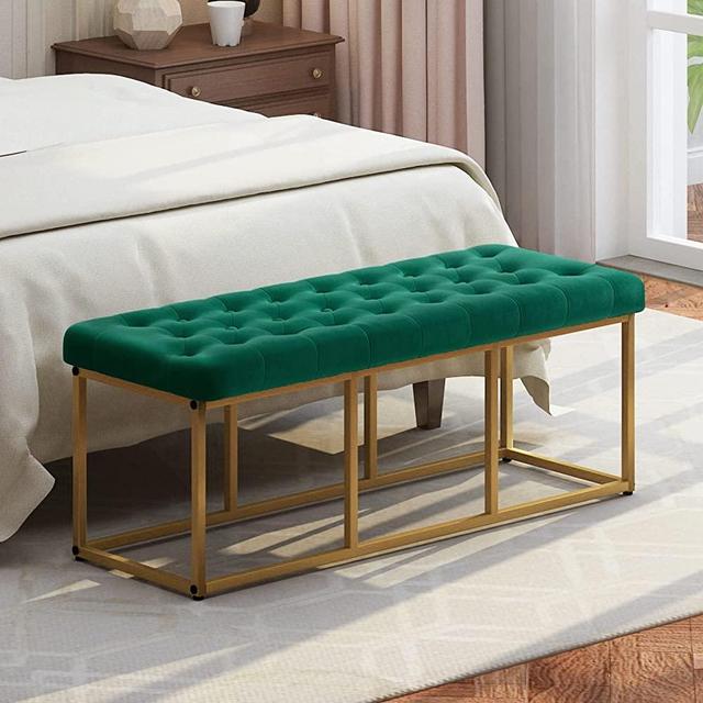 Bedroom Bench, Upholstered Velvet Button Tufted Decorative Bench with Metal Base, Long and Dining Bench, Indoor Bench for Entryway Living Room, Hallway, end of Bed, Room Bench with Padded Seat,Green