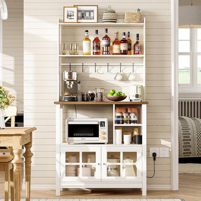 ChooChoo Farmhouse Bakers Rack with Power Outlets and Storage, Coffee Bar Cabinet with Storage, Microwave Stand Kitchen Cabinet with Hutch and 6 Hooks, Soft White & Brown
