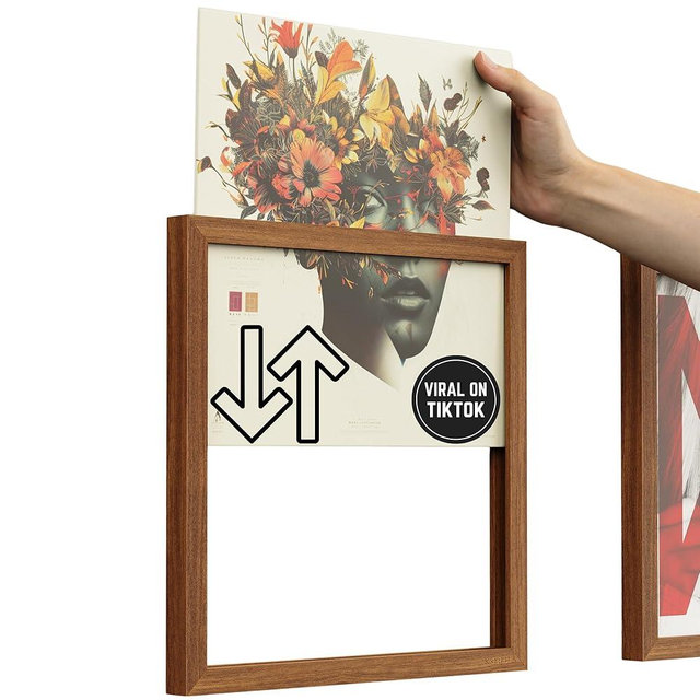 KORUA Wood Vinyl Record Frame with Drop In Vinyl Slot on Top to easily Interchange Vinyl Records - Fits all Vinyl Records and Albums - 13x13 Inches
