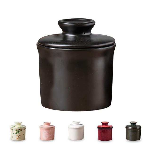 Porcelain Butter Crock with Lid – Ceramic Butter Keeper Dish with Water Line for Countertop, Keeps Butter Fresh,Black