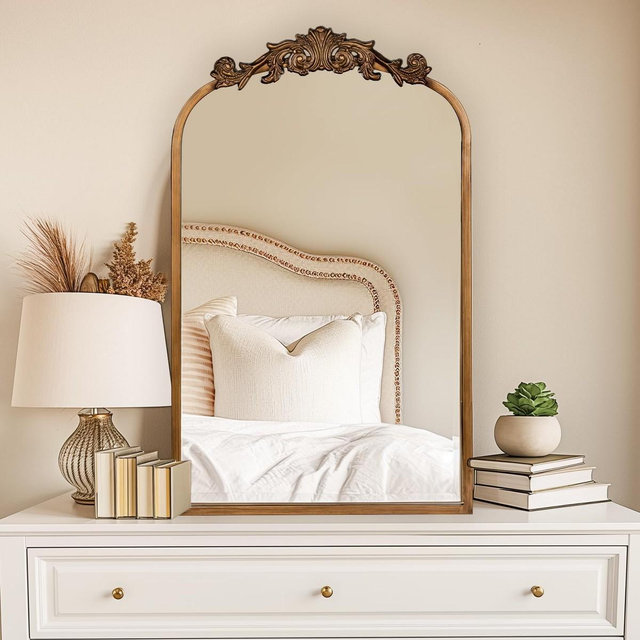 USHOWER 19"x31" Gold Anthropologie Vintage Mirror for Wall, Antique Baroque Mirror with Ornate Frame, Gold Arched Brass Design, Bathroom, Fireplace