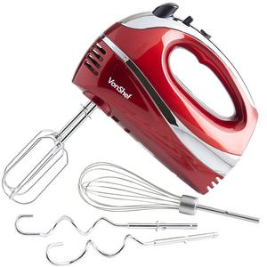 Designer Habitat LTD - VonShef RED 250W Hand Mixer Whisk With Chrome Beater, Dough Hook, 5 Speed and Turbo Button + FREE Balloon Whisk