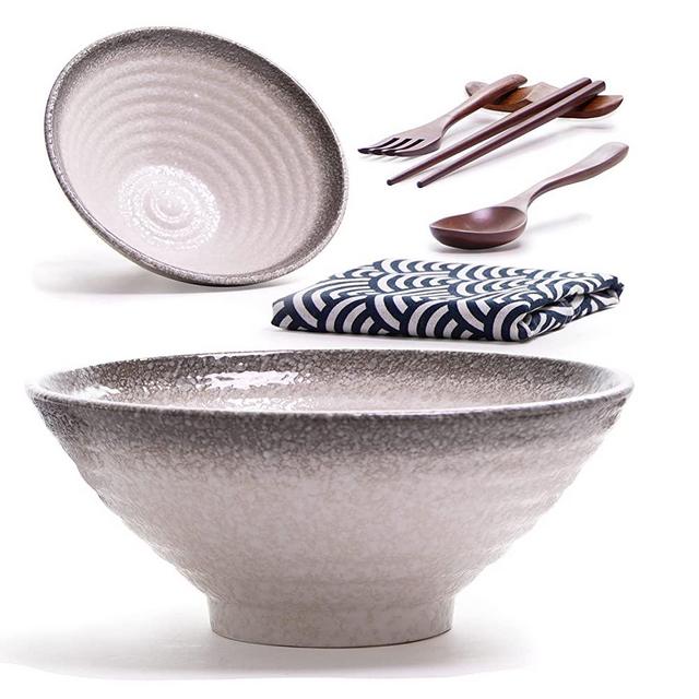 11 Pieces Premium Ceramic XL Large Ramen Bowls Set: 2 White 60 oz Noodles Bowl. Asian Chinese Japanese or Pho Soup. Includes: Wood Fork, Spoon, Chopsticks and Stands. And Table Runner.