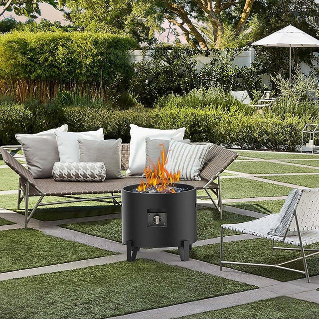 BAIDE HOME Portable Propane Fire Pit for Camping RV 50,000 BTU Round 15'' H x 16'' W Portable Gas Firepit W/Lid, Glass Shards & Weather Resistant for Outdoors, 10ft Propane Extension Hose, Black