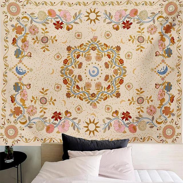 TTYQXZ Wall Tapestry Bohemian - Floral Vine Tapestry Wall Hanging Celestial Sun Moon and Star Tapestries Hippie Home Decor Boho Tapestry for Bedroom Aesthetic (Cream, XLarge (70ʺx 90ʺ))