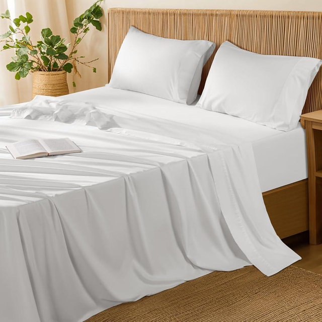 LBRO2M 100% Cotton Sheets Set King Size, 600 Thread Count, 4 Piece Sets Bed Sheet Deep Pocket Sheet Set 16" Soft Comfortable All Season (King, White)