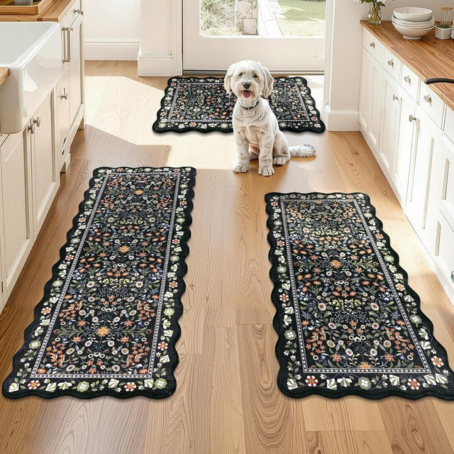 Yamaziot Anti Fatigue Kitchen Rugs Set of 3 - Boho Non Slip Waterproof Kitchen Mats for Floor, Boho Runner Rug for Kitchen Floor, Laundry, Desk, Bar, Office, 17.3"x29"+17.3"x35"+17.3"x47", Black