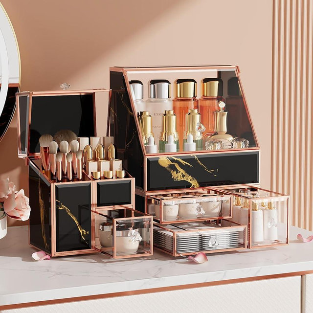 CoralHouse Makeup Organizer Black,Glass Vanity Organizer for Skincare, Perfume, Brushes & Lipsticks – Countertop Makeup Storage Box for Women, Bathroom or Dresser