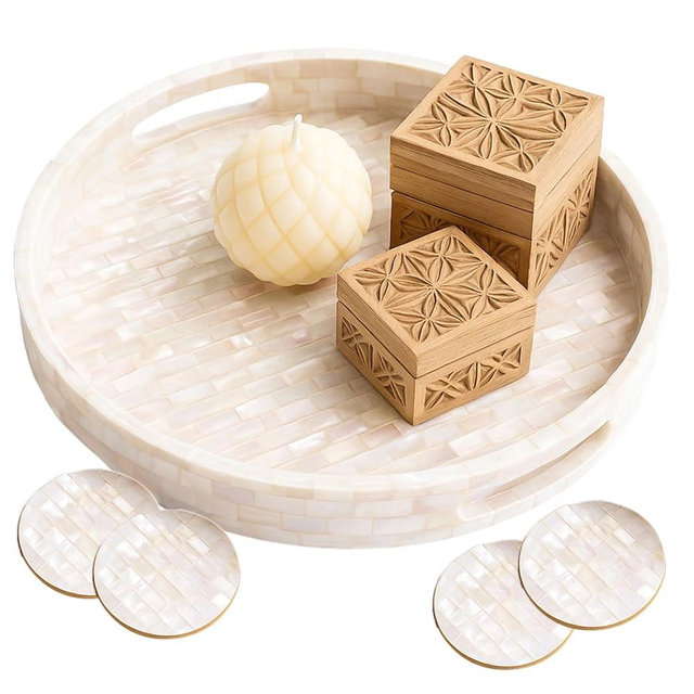 Bukei Mother of Pearl Round Serving Tray with Handle 12”. Handmade Lacquer Round Tray for Decorative Coffee Table, Organizer for Kitchen, Countertop, Pantry, Table Décor with 4 Coasters.