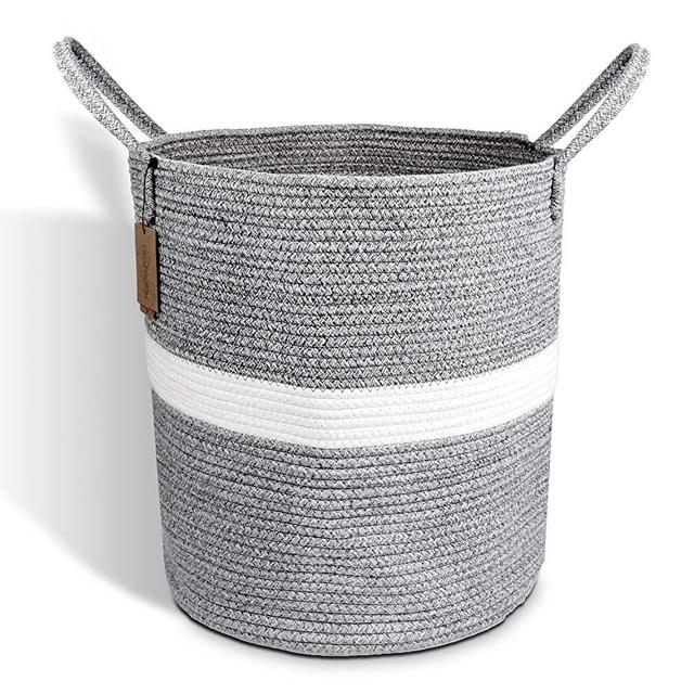 HEYPORK Laundry Hamper Woven Cotton Rope Large Clothes Hamper 18"x16" Laundry Basket with Extended Cotton Handles for Storage Clothes Toys in Bedroom, Bathroom, Foldable Design (Light Grey)