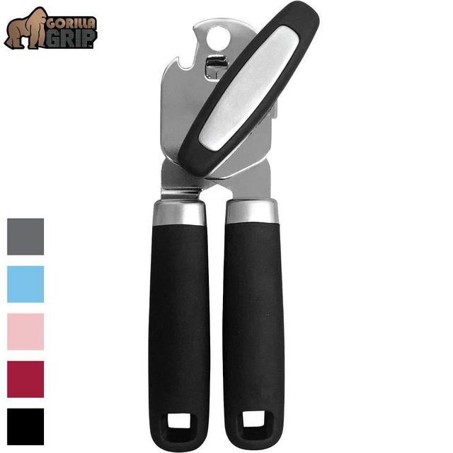 Gorilla Grip Original Premium Manual Can Opener, Comfortable Grip, Oversized Easy Turn Knob, Smooth Edges, Hang for Convenient Storage, Built in Bottle Opener, Sharp Blades Easily Open Tin Cans, Black