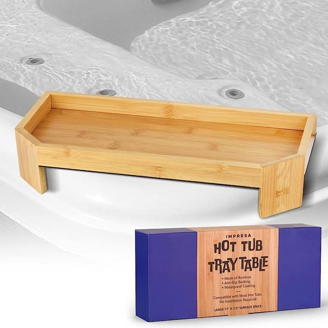 Bamboo Hot Tub Tray Table for Drinks - Waterproof Hot Tub Side Table - UV Coated Hot Tub Table Helps Prevent Cracking & Fading - Stylish Spa Caddy Side Table Tray - Hot Tub Accessories - 17" x 7.5"