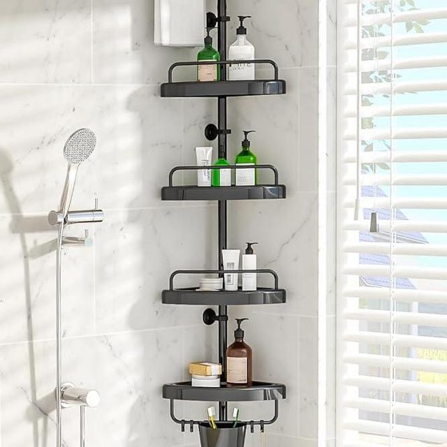 EliteCart Rust Proof Shower Caddy Corner Tension Pole – Adjustable Height (32-120 inch), 4 Tier Shelf Bathtub Organizers and Storage – Includes Towel Rack, Tooth Brush Holder and Suction Cups (Black)