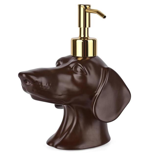 NEWHENGS Dachshund Dog Shaped Soap/Lotion/Hand Sanitizer Ceramic Stainless Steel Pump Dispenser, Refillable for Kitchen and Bathroom(Brown)