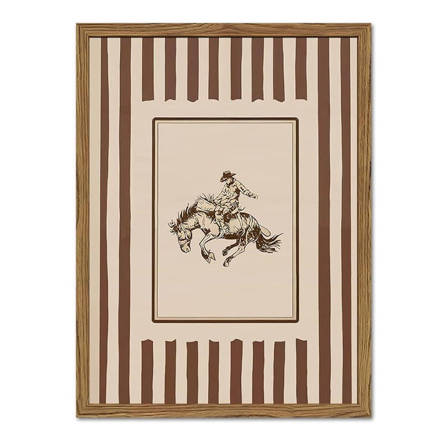 Vintage Western Cowboy Wall Art, Beige Striped Cowboy Rodeo Wall Decor Paintings Southwestern Country Horse Poster Canvas Prints for Bedroom Farmhouse Living Room 12x16 inch Framed