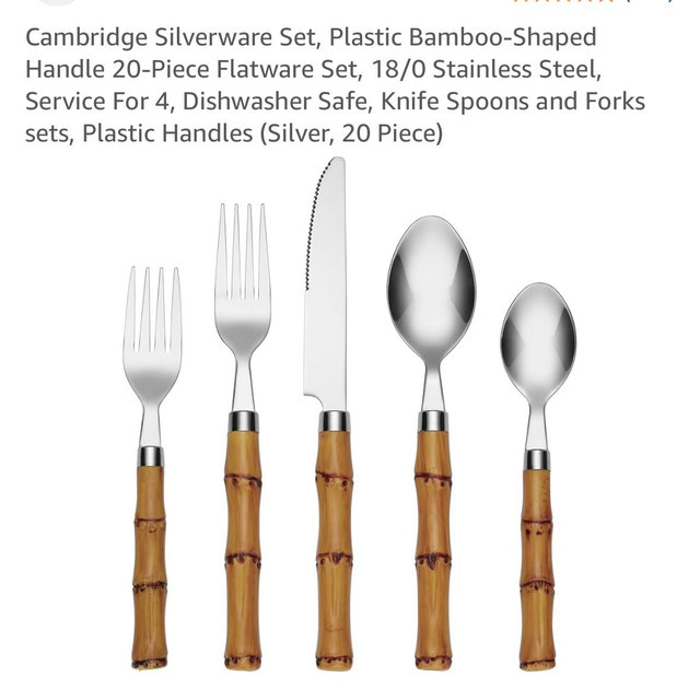 Cambridge Silverware Set, Plastic Bamboo-Shaped Handle 20-Piece Flatware Set, 18/0 Stainless Steel, Service For 4, Dishwasher Safe, Knife Spoons and Forks sets, Plastic Handles (Silver, 20 Piece)