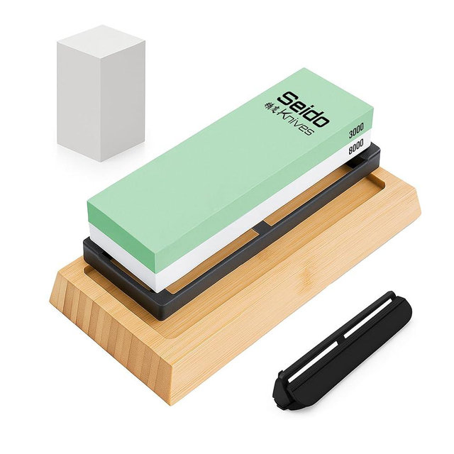 Seido Knives Double-Sided Sharpening - Non-slip Whetstone Rubber Base Bamboo Non-slip Base Flattening Stone Angle Guide Complete Sharpening Kit for Precision Edge