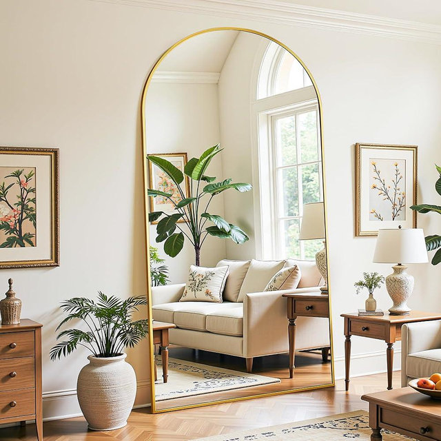 LadyNow Full Length Mirror, 78"x38" Oversized Floor Mirror Freestanding, Full Body Mirror Floor Standing Mirrors with Stand, Hanging Mounted Mirrors for Bedroom Living Room, Gold, Arched Style