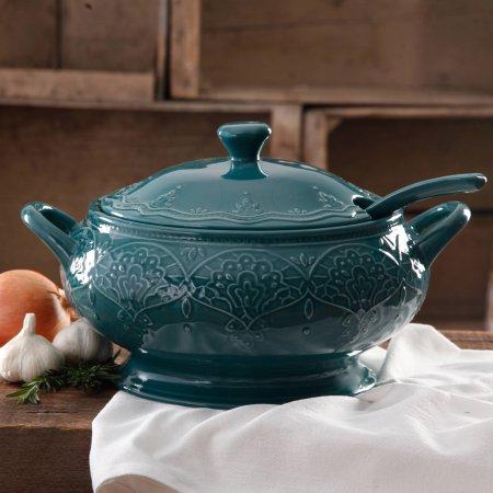 The Pioneer Woman Farmhouse Lace Tureen with Lid and Ladle, Ocean Teal
