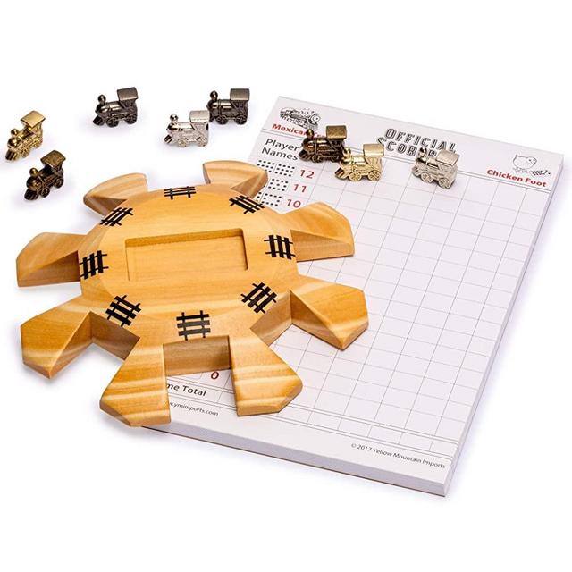 Yellow Mountain Imports Mexican Train Dominoes Accessory Set (5.8-Inch Wooden Hub Centerpiece, Die-Cast Metal Train Markers, and 60-Sheet Scorepad) - for Mexican Train Game Set Upgrade