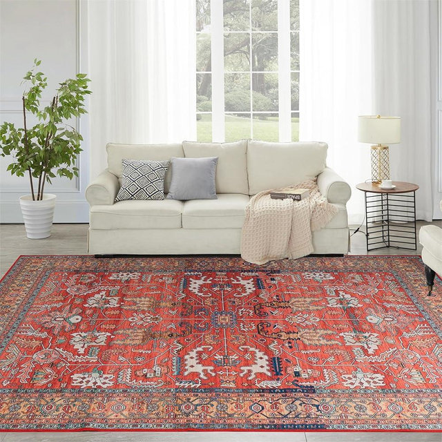 Syalife 8x10 Area Rugs - Washable, Low Pile, Non-Slip for Living Room, Bedroom, Dining Room and Home Office - Non-Shedding Carpet, Coral Red
