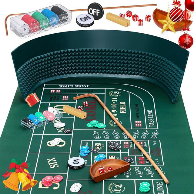Proshine Craps Tabletop Game Set with 35*70" Rubber Craps Tabletop Layout Mat, 48*11" Rubber Craps Diamond Pyramid Bumper, 36" Rattan Stick, Casino Grade 19mm Dice, On/Off Button and 100 pcs Chips