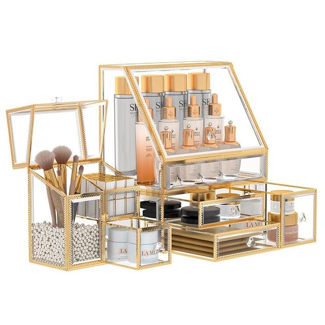 CoralHouse Makeup Organizer,Cosmetics Organizer,Skincare Organizer,Makeup Organizer For Vanity,Brush Organizer,High Hardness Glass Make Up Organizers And Storage,White Gold,Purely Handmade
