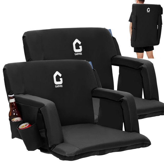 Wide Stadium Seat with Back Support, 2.5" Thick Cushion, 6-Position Recline, Cup Holder, 2-Pack