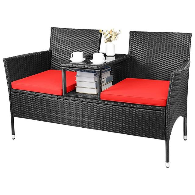 JUMMICO Patio Furniture Outdoor Loveseat 2-Seat Rattan Sofa Chairs with Built-in Table & Cushion Wicker Bistro Conversation Set w/Storage Space for Porch, Lawn, Backyard, Poolside (Red)