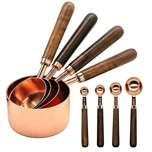 GuDoQi Stainless Steel Measuring Cups and Spoons Set with Walnut Handle for Measuring Baking Set of 8 Rose Gold