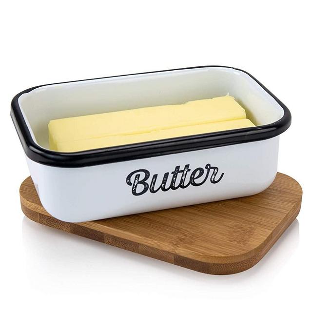 Granrosi Farmhouse Butter Dish - Beautiful Butter Container With Wooden Lid Keeps Your Butter Soft and Enhances Your Kitchen Decor