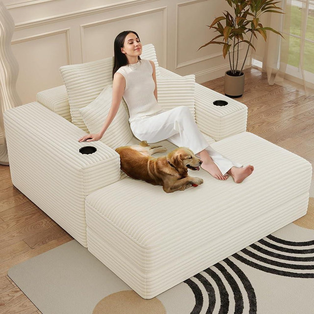 52" Boneless Chaise Lounge Chair Indoor — Oversized Cloud-Like Cozy Comfy Modular 3-in-1 Sofa Bed for Reading, Living Room & Bedroom Corduroy Couch Sleeper, Beige