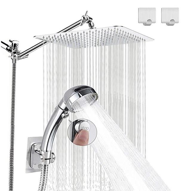 Shower Combo, 8'' High Pressure Rain Shower Head with Adjustable Extension Arm and 3 Settings Handheld Shower Head Combo,Powerful Shower Spray with Water Flow Control Button (Chrome)