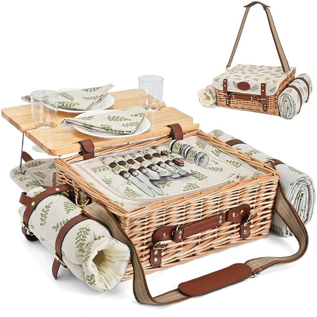 Multifunctional Wicker Picnic Basket Set for 2 with Blanket and Picnic Table, Insulated Picnic Set with Full Tablewares for Camping Outdoor Couples,Leaf