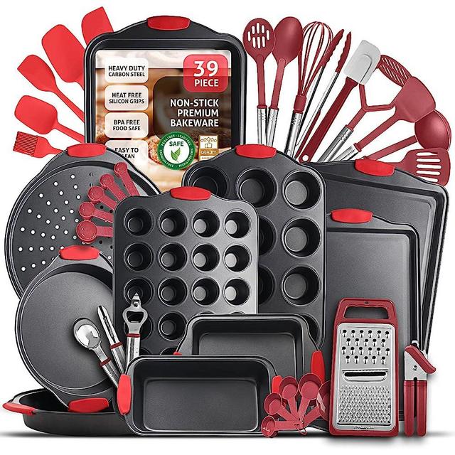 Baking Pan Set, 39 Piece Premium Baking Set, Nonstick Bakeware Sets BPA Free, Cookie Sheets for Baking Nonstick Set, Steel Baking Sheets for Oven with Muffin Pan, Cake Pan & Red Kitchen Utensils