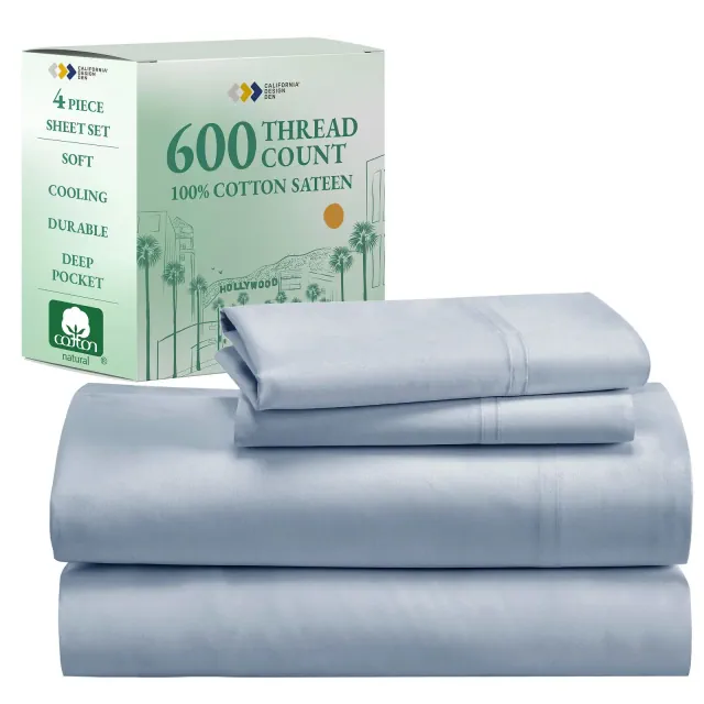 5-Star Luxury Sheet Set | 600 Thread Count 100% Cotton Sateen | Soft & Crisp Bed Sheets with Deep Pockets by California Design Den - Blue, King