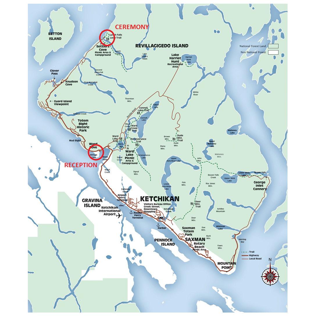 Ceremony is north of town at Settler's Cove State Park, reception is at North Tongass Community Center.