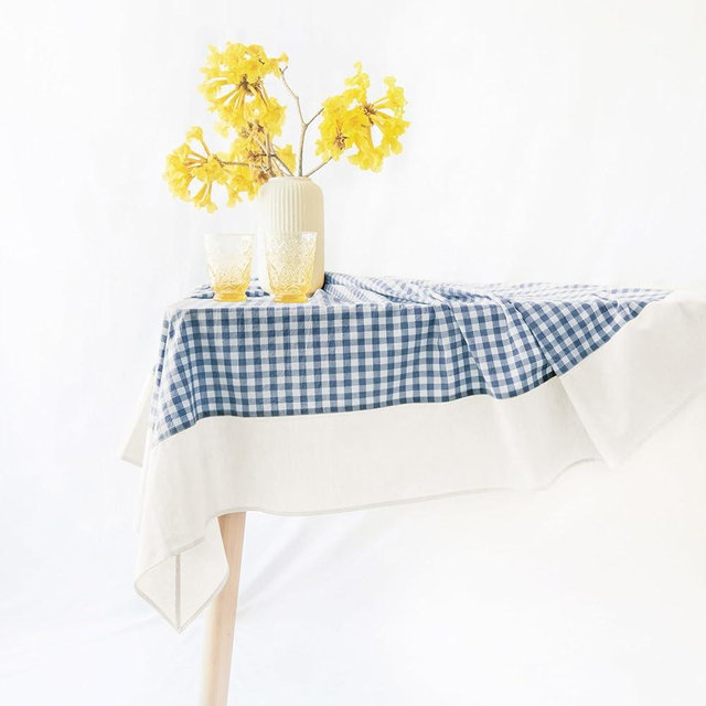 MONDAY MOOSE Gingham Checkered Farmhouse Rustic Picnic Style Decoration Rectangle Natural Stonewashed Cotton Tablecloth for Kitchen, Dining Room, Restaurant (55x70 inch, Blue/White)