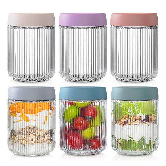 INSETLAN 16oz Glass Overnight Oats Containers with Lids – 6 Pack, Ribbed Glass Mason Jars for Meal Prep, Glass Food Storage Containers for Chia Pudding, Yogurt, Snacks, Fruit & Vegetables, Milk