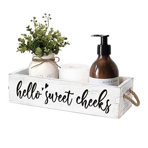 MayAvenue Farmhouse Bathroom Decor Box Nice Butt & Hello Sweet Cheeks Double Sided Wooden Toilet Paper Holder Tissue Box with Handles, Bathroom Signs (White)