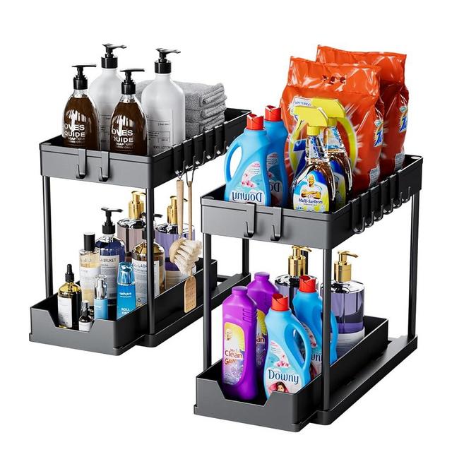 mosala Under Sink Organizers and Storage 2 Pack - 2 Tier Sliding Bathroom Cabinet Organizer with Hooks - Multi-Purpose Under The Sink Organizer Kitchen - Black