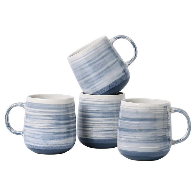 ALOFMO Coffee Mugs, Set of 4 Ceramic Mugs with Blue and White Gradient Stripes, 12oz Modern Cups with Comfortable Handle - Dishwasher & Microwave Safe, Design for Home, Office, Daily Use