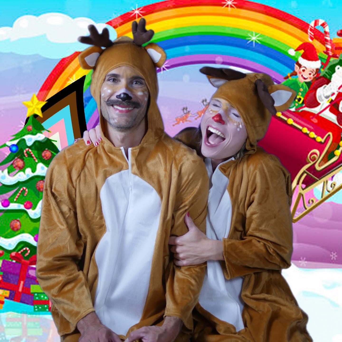 Happy holiday moment. Lane and John-Paul dress up as reindeer