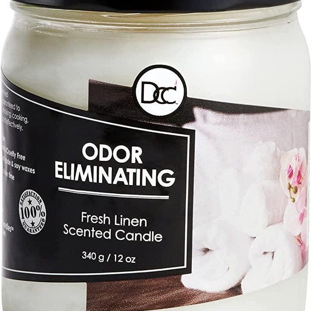 Fresh Linen Odor Eliminating Highly Fragranced Candle - Eliminates 95% of Pet, Smoke, Food, and Other Smells Quickly - Up to 80 Hour Burn time - 12 Ounce Premium Soy Blend
