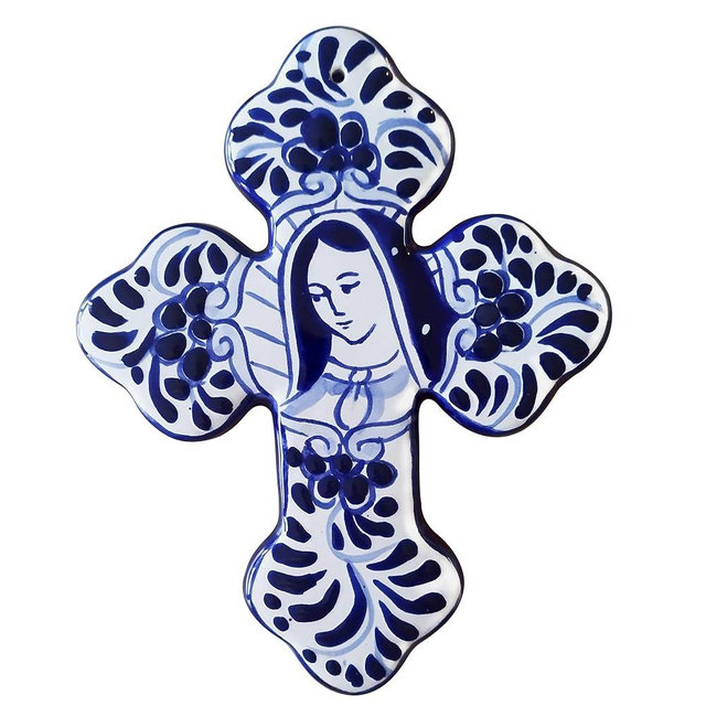 MAYANSHUL Hand Painted Talavera Wall Cross Decor, Virgin of Guadalupe Blue Cobalt and White Design, Ceramic Cross Handmade in Mexico, 8.5" H x 6.7" W x 0.6" D
