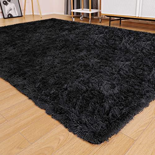 Ophanie Ultra Soft Fluffy Area Rugs for Living Room, Luxury Shag Rug Faux Fur Non-Slip Floor Carpet for Bedroom, Kids Room, Baby Room, Girls Room, and Nursery - Modern Home Decor, 4x5.3 Feet Black