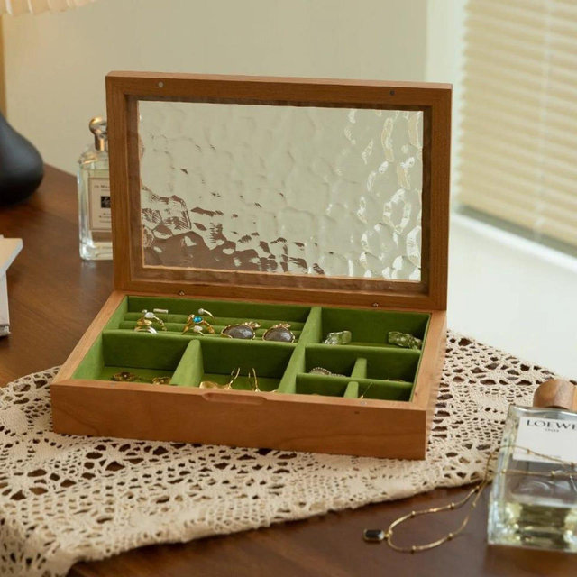 Engravable Wooden Jewelry Box - Vintage Glass Top with Brass Accents, Ring Organizer - Bridesmaid Keepsake, Valentines Day Gift For Her