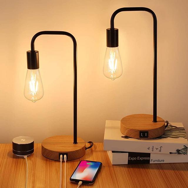 Set of 2 Touch Control Table Lamp, 3-Way Dimmable Modern Nightstand Lamp with 2 USB Charging Ports, Industrial Desk Lamp for Bedroom,Living Room,Office, Dimmable Vintage 6W ST64 E26 LED Bulbs Included